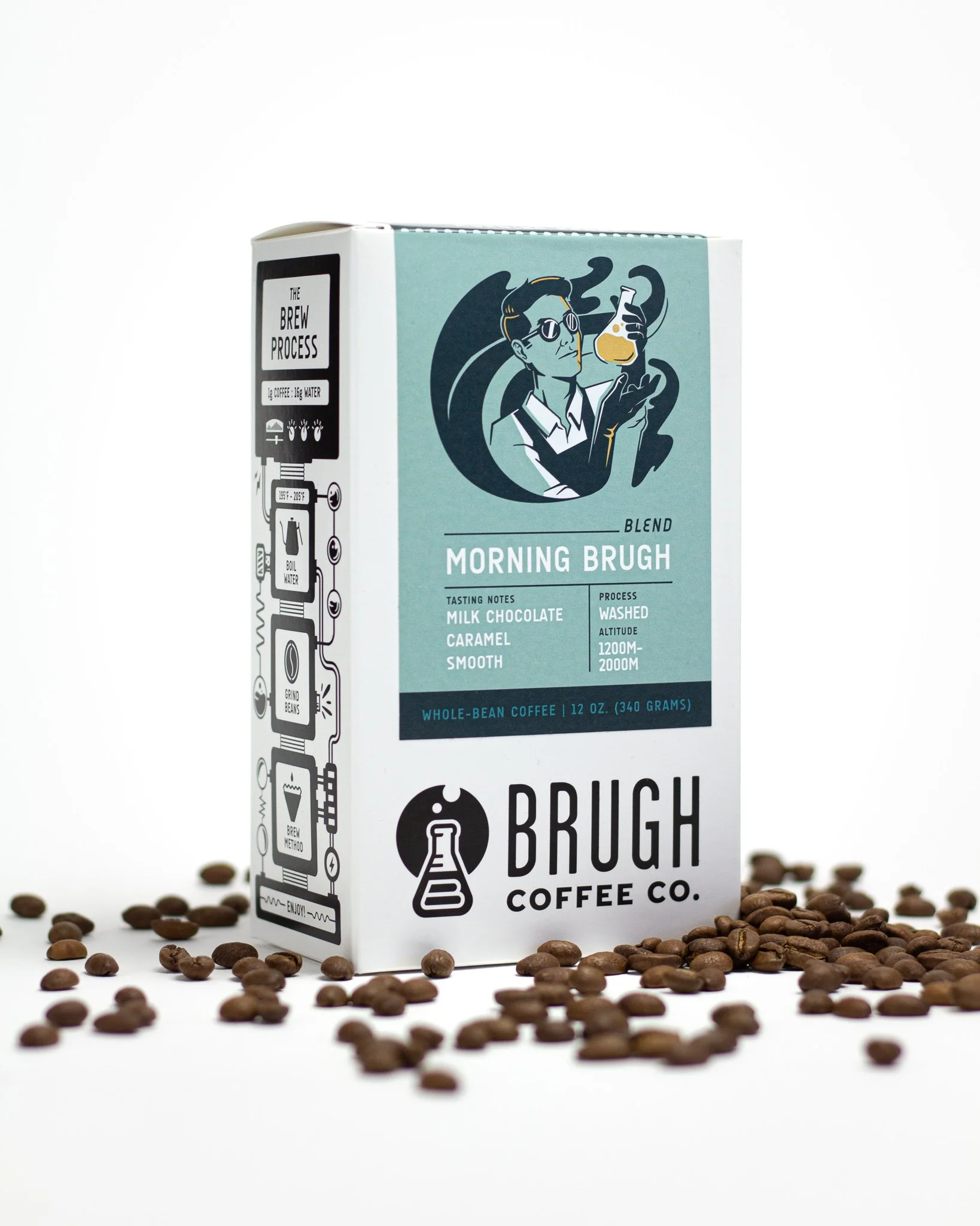 Box of Brugh Coffee with scattered coffee beans in front, featuring a retro-style illustration of a person inspecting a coffee cup.