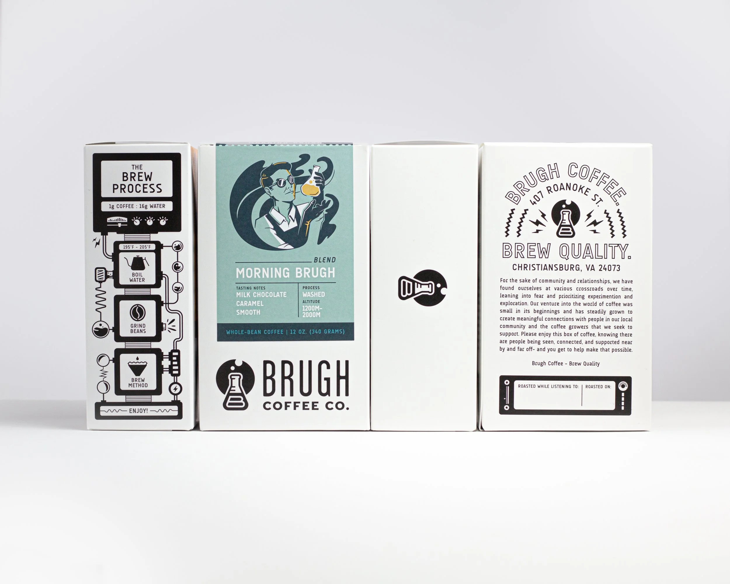 Three boxes of Brugh Coffee with detailed packaging and branding information.