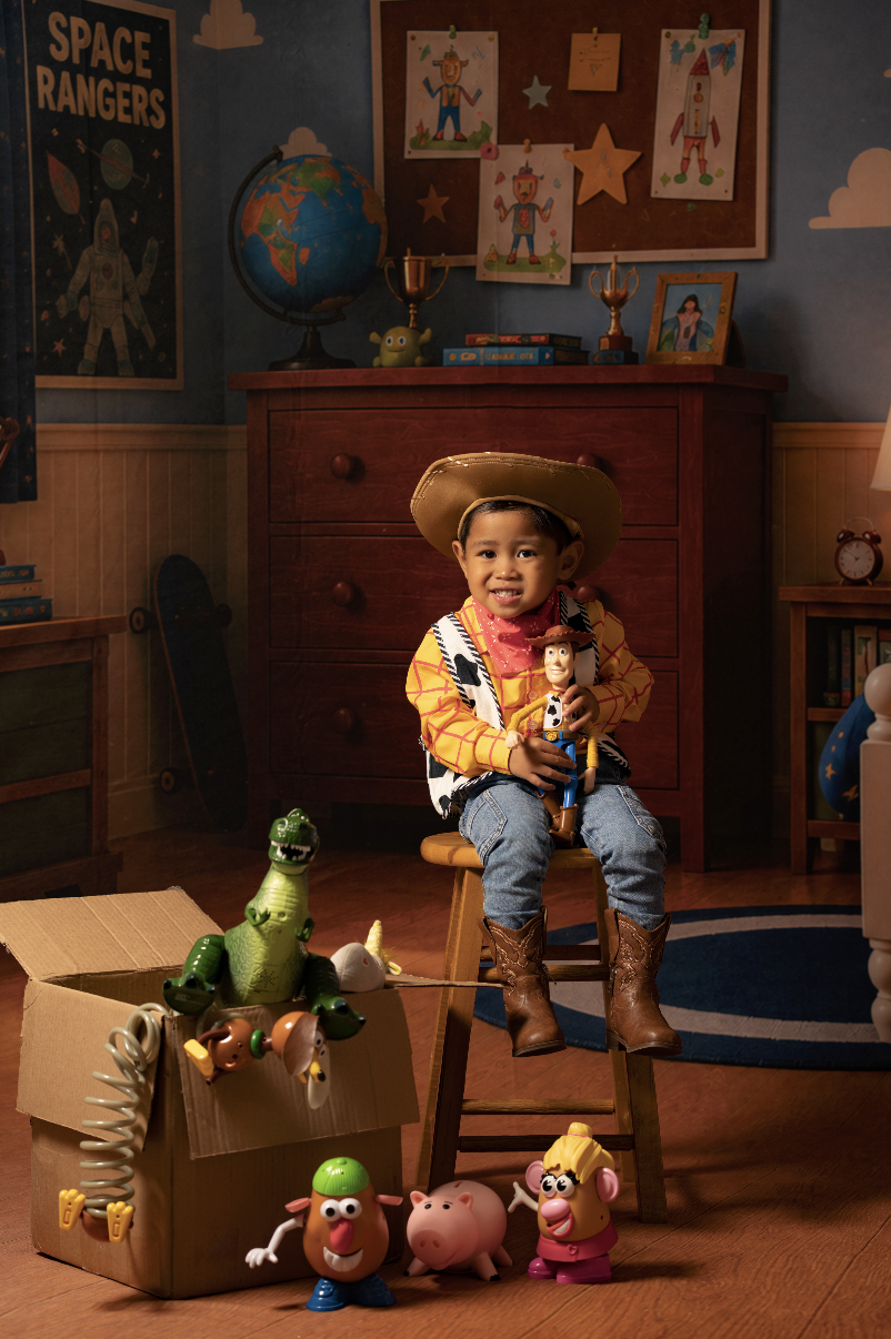 Toddler boy in a Woody costume celebrating his birthday during a Toy Story mini session in an Andy’s Room studio setup in Clarksville, TN