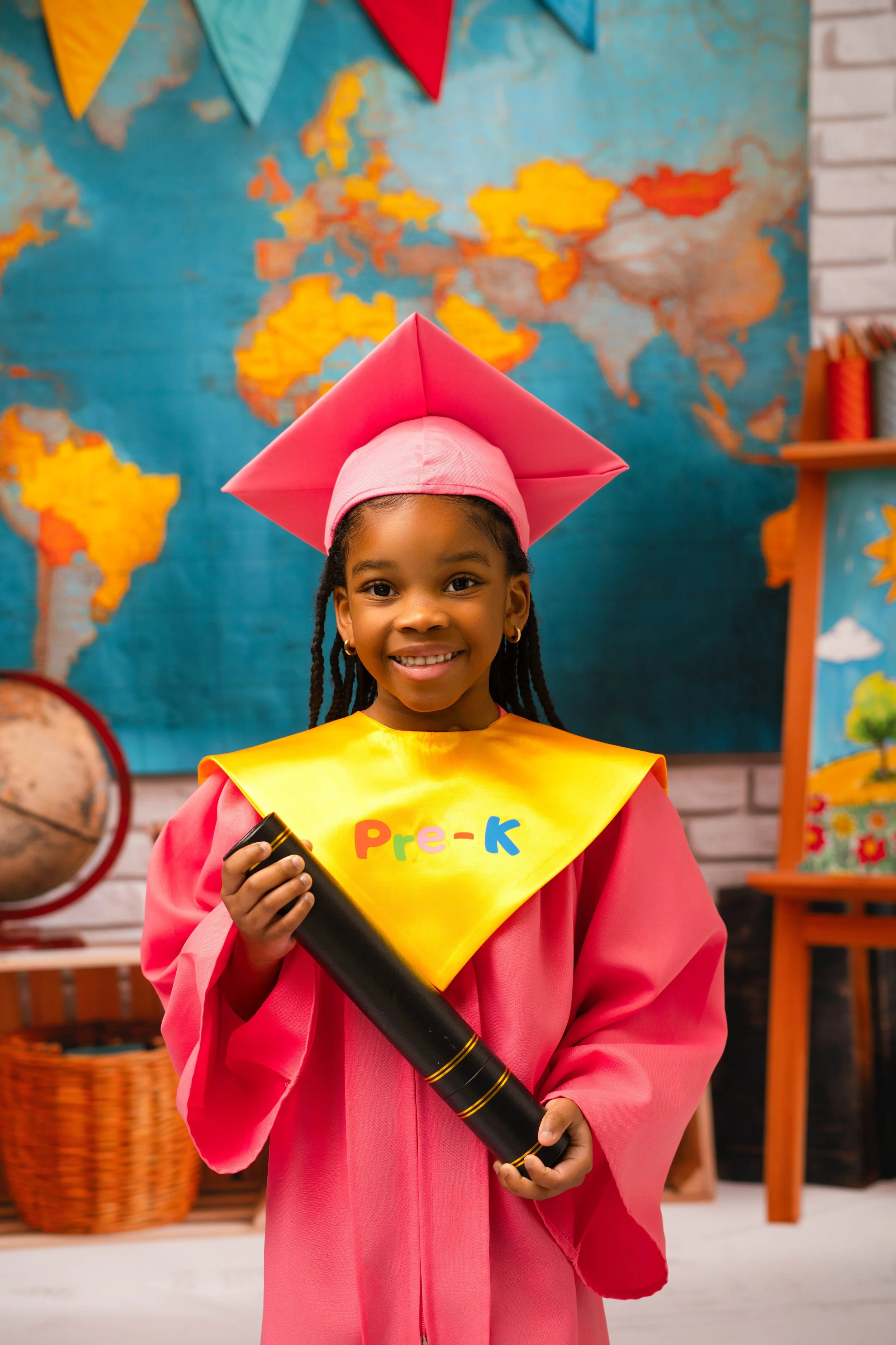 A young girl in a pink graduation cap and gown, holding a diploma, smiling in a classroom with a world map on the wall and other educational decorations.
