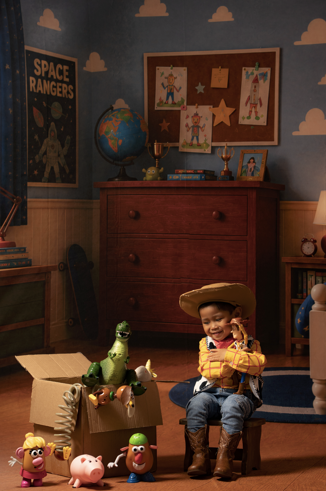 Toddler boy in a Woody costume celebrating his birthday during a Toy Story mini session in an Andy’s Room studio setup in Clarksville, TN
