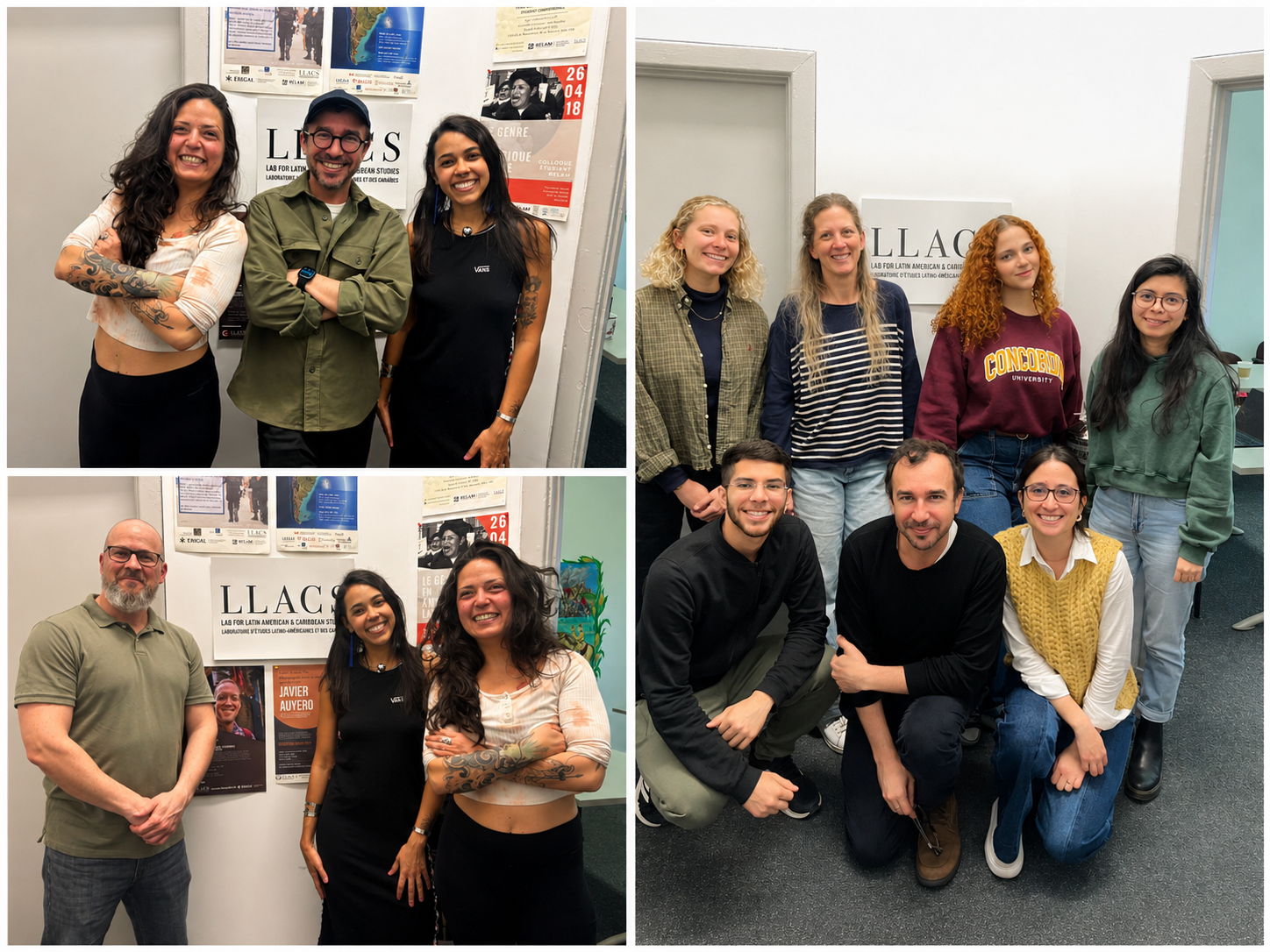 Group photos of diverse individuals at LLACS, a lab for Latin American and Caribbean Studies, featuring people posing with posters and standing in front of LLACS sign.