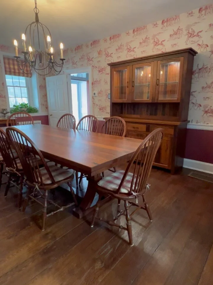 Delivered yesterday &mdash; and this one felt like it belonged long before we arrived.

An Uptown Hutch with glass doors, glass shelving, and lighting.
An Uptown Server.
A Wheaton Table.

All custom stained to match the Windsor chairs they&rsquo;ve h