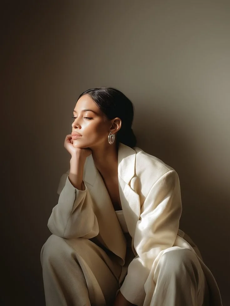 A woman with dark hair styled in a bun, wearing a cream-colored suit and silver earrings, sitting against a plain wall with her eyes closed, resting her chin on her hand in a contemplative pose.