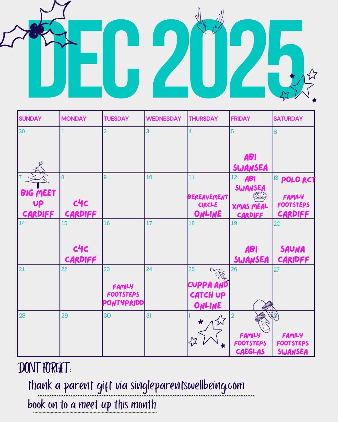 WHAT'S HAPPENING THIS MONTH WITH SINGLE PARENTS WELLBEING?

Here's a handy graphic to check in with all the lovely events happening this month!

We'd love to see you. 
Please head over to our website for more details and to book your spot. 
https://w