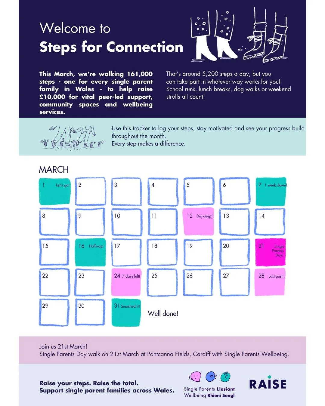 With just one month to go, have you signed up to join our Steps for Connection Fundraiser this March?

Sign up and download our handy steps tracker. 
SPW Sarah is planning a little friendly competition in her house to see who can get to 161,000 steps