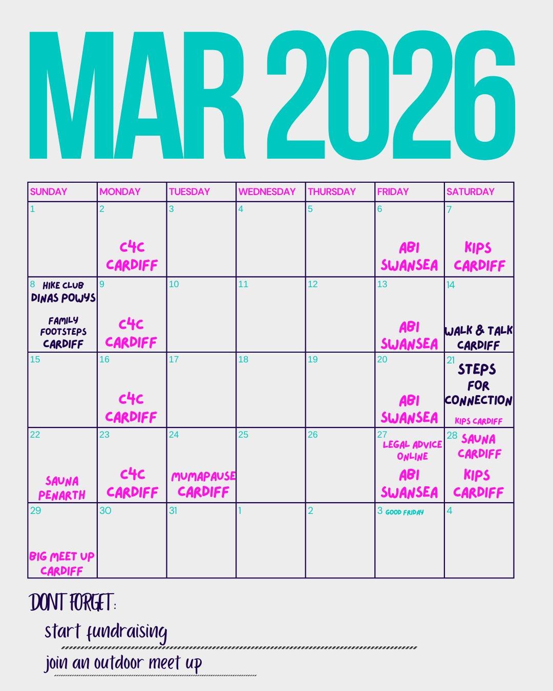 Spring is around the corner and we will be getting out about in March for our Steps Challenge. 
Please do join us solo at one of our adult meet ups (Sat 14th), young family meet ups (Sunday 8th) or older family meet ups for a longer walk on Sunday 8t