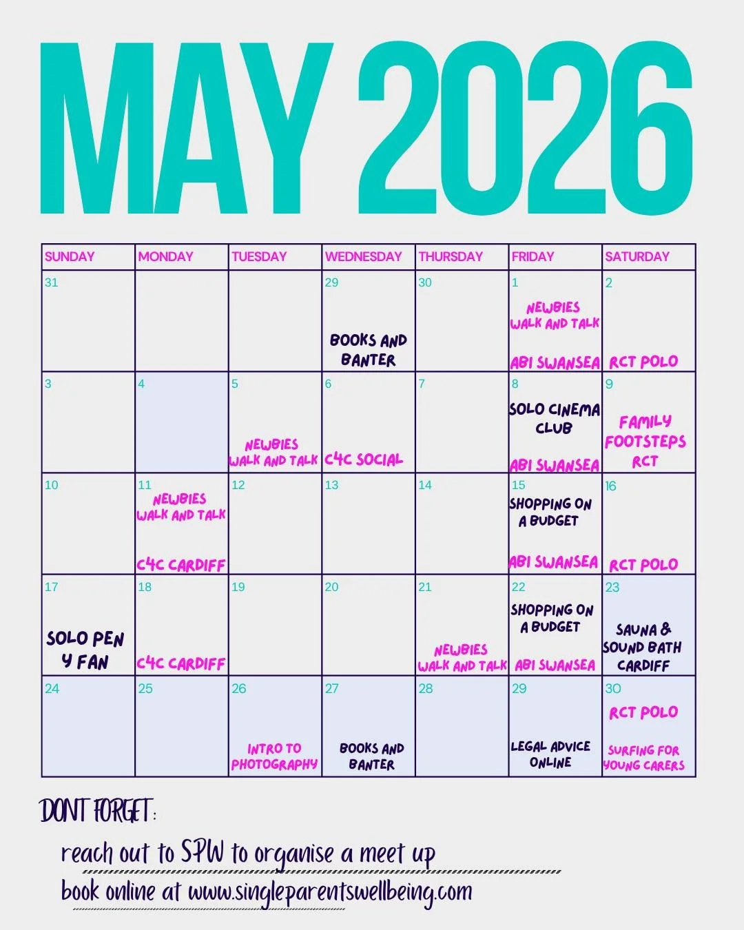 Oh My May!

Have we got some great meetups for you this coming Month!

From a Solo sound bath and sauna, Pen Y Fan Hike, ABI Kite flying in Swansea, C4C Trampolining in Cardiff, Budget shopping workshops AND a family photo workshop this half term we 