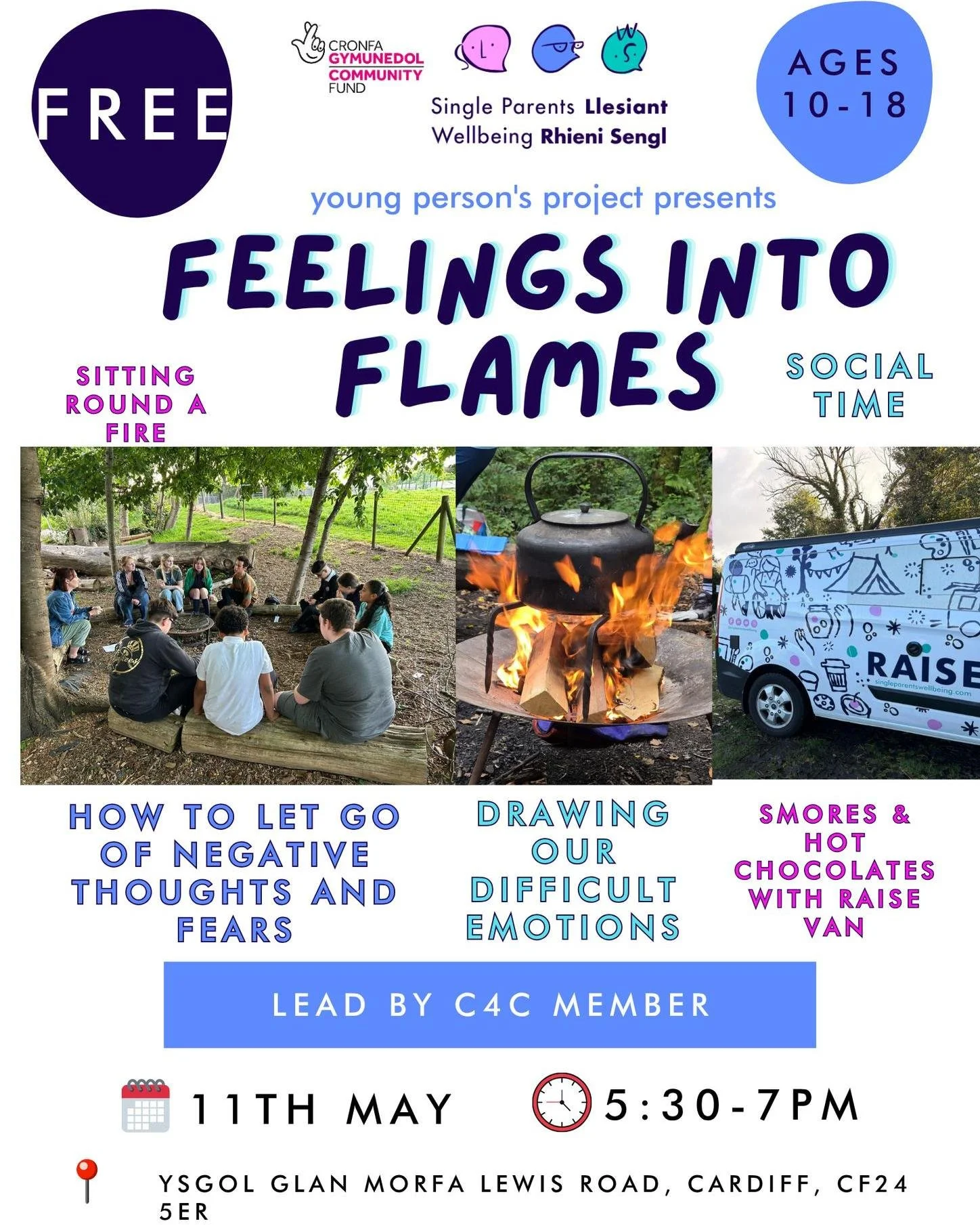 Come along for a lovely forest and fire session lead by one of our wonderful C4C members around how to draw and let go of some of our difficult emotions. We'l be having smores and hot chocolates afterwards from our raise van! 

This is C4C session, s