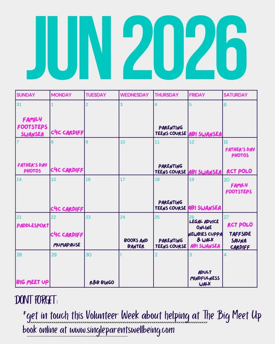 Stuck for something to do this month? 
Grab your calendar, we've got you!

Fridays 12th, 19th and 26th 
ABI Group ages 10+
Swansea - various

Saturdays 13th and 27th 
Get Social: RCT POLO -Parents of Little Ones Aged 0-4
The Lighthouse Project, Tonyr