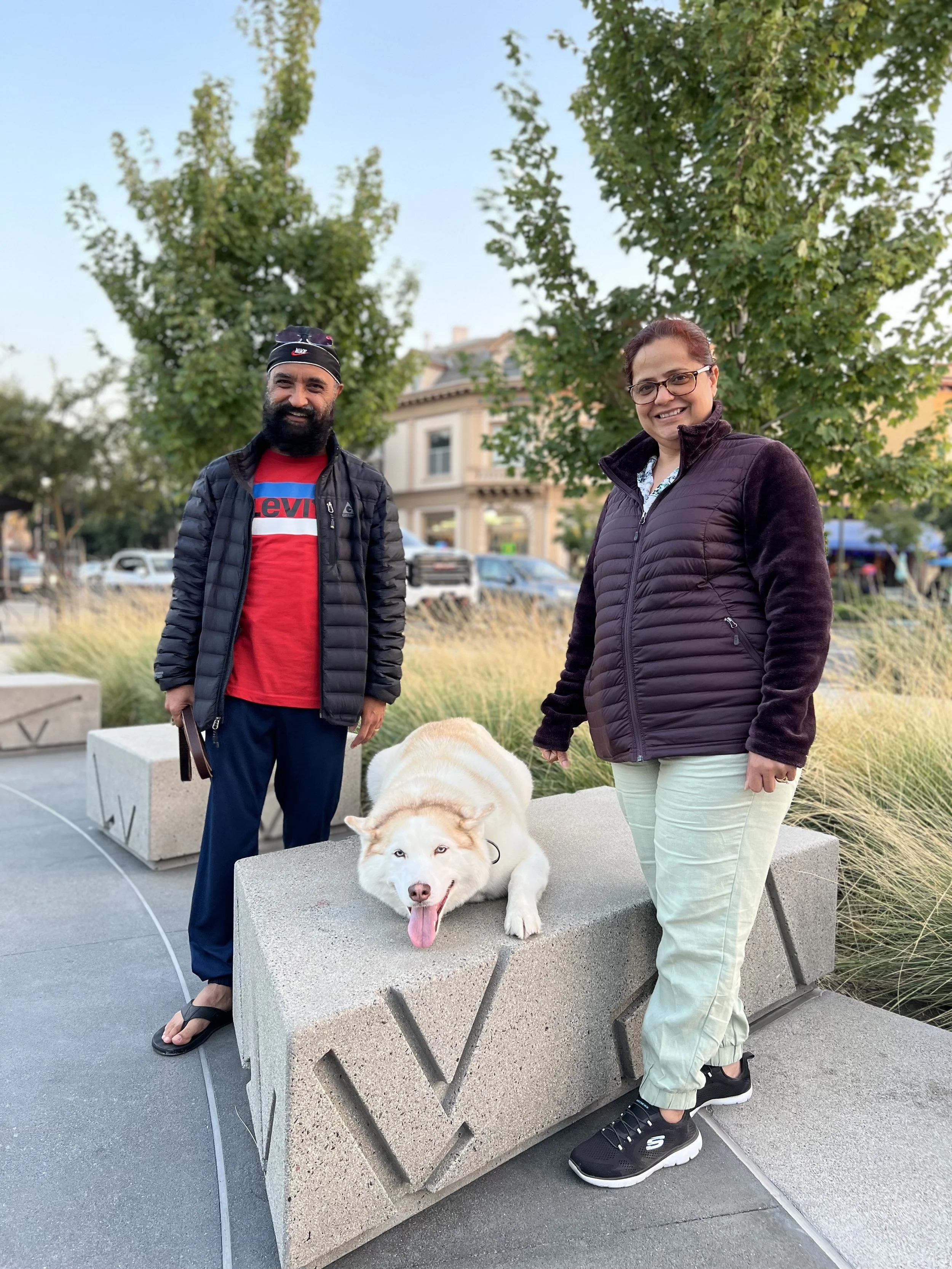 Two people standing near a large white dog lying on a concrete bench outdoors, with trees and buildings in the background.