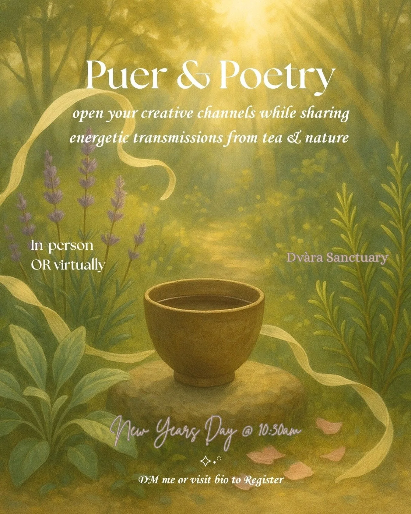 Calling in poetry lovers, writers, mystery explorers and tea cultivators of the like to join me in a beautiful New Years Morning ritual to reflect &amp; plant seeds for the upcoming year ✨

There are still some spots available (in person / virtual) i