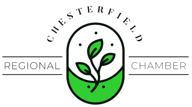 Logo of the Chesterfield Regional Chamber featuring a green plant inside a capsule shape with the text 'Chesterfield Regional Chamber'.