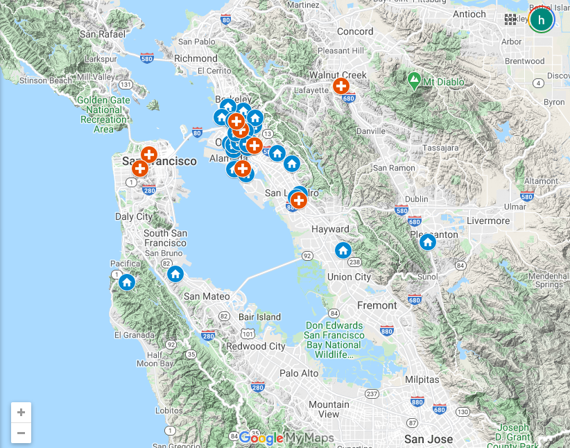 Map of where residents at UCSF-East Bay live.