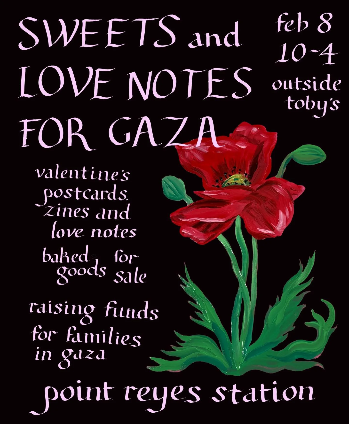 save the date 💘🌎 there will be valentine&rsquo;s postcards for sale, a zine-making/coloring book table &amp; baked goods 🤍 raising funds for direct aid in g🌹za
painted this poppy in printmaking class at @kalaartinstitute 🌹