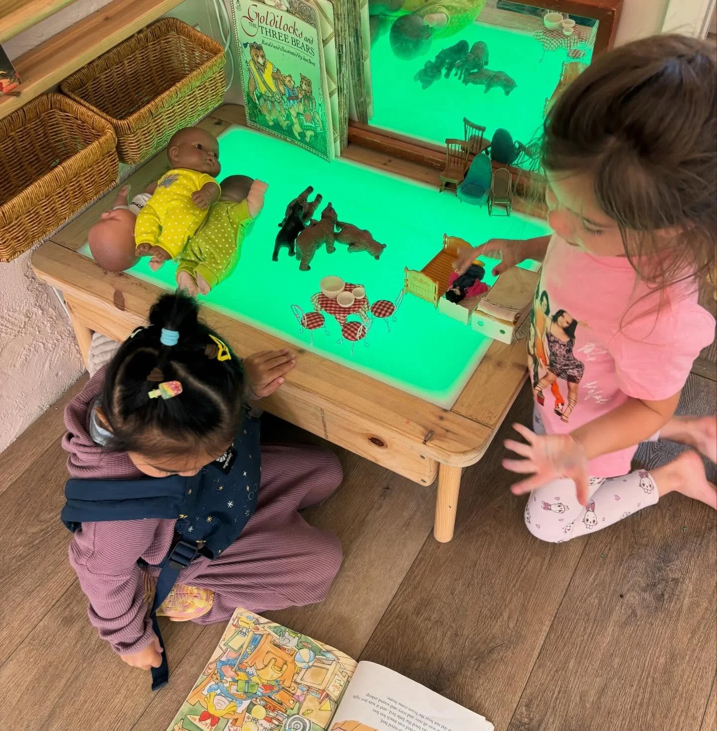 April was filled with bugs and creatures of all kinds: snakes, tadpoles, snails, caterpillars, praying mantises, and always roly polies. Our love for the tale of Goldilocks and the Three Bears came to life on the light table. We continued to explore 
