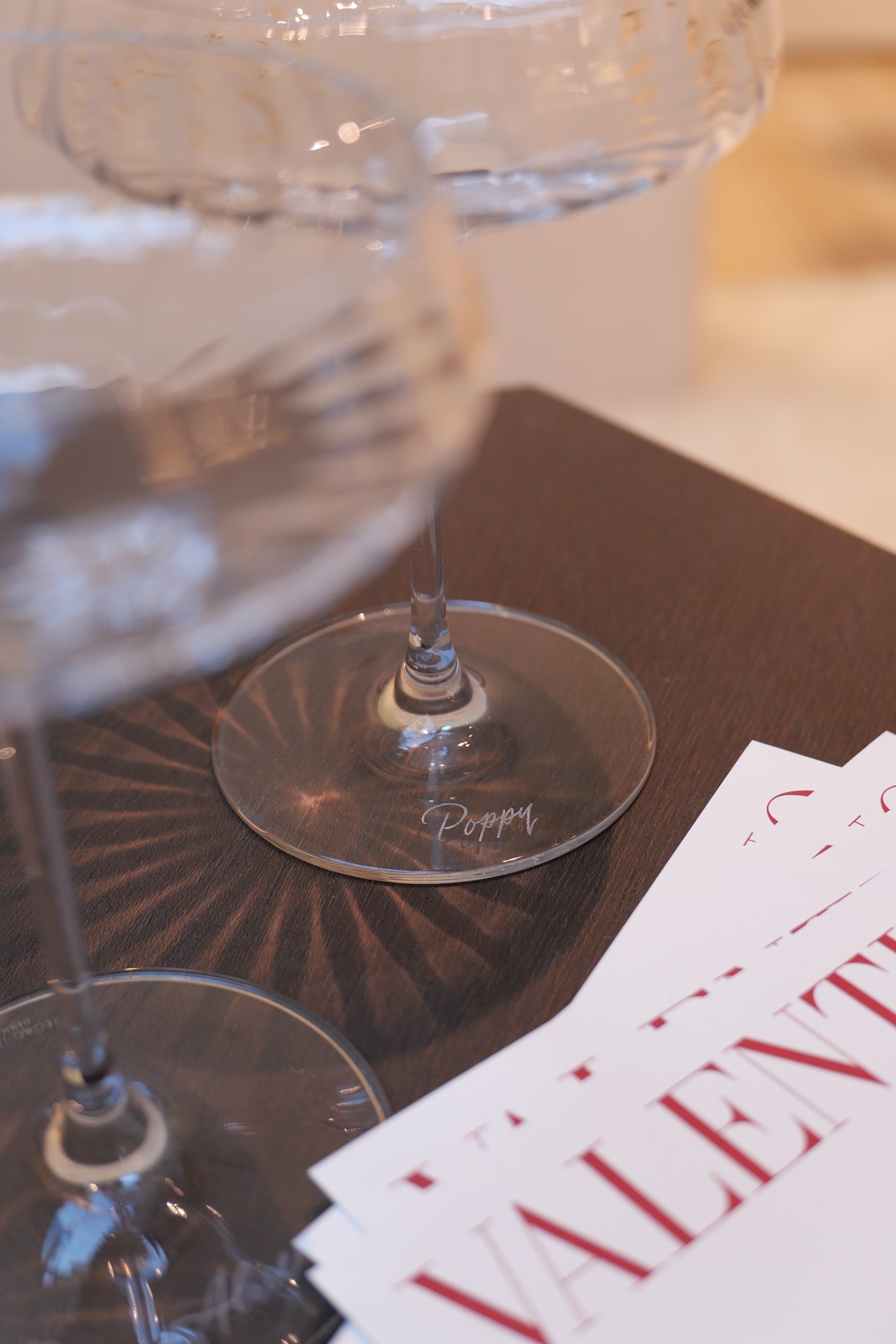 Champagne crystal bespoke live engraving for House of Valentino