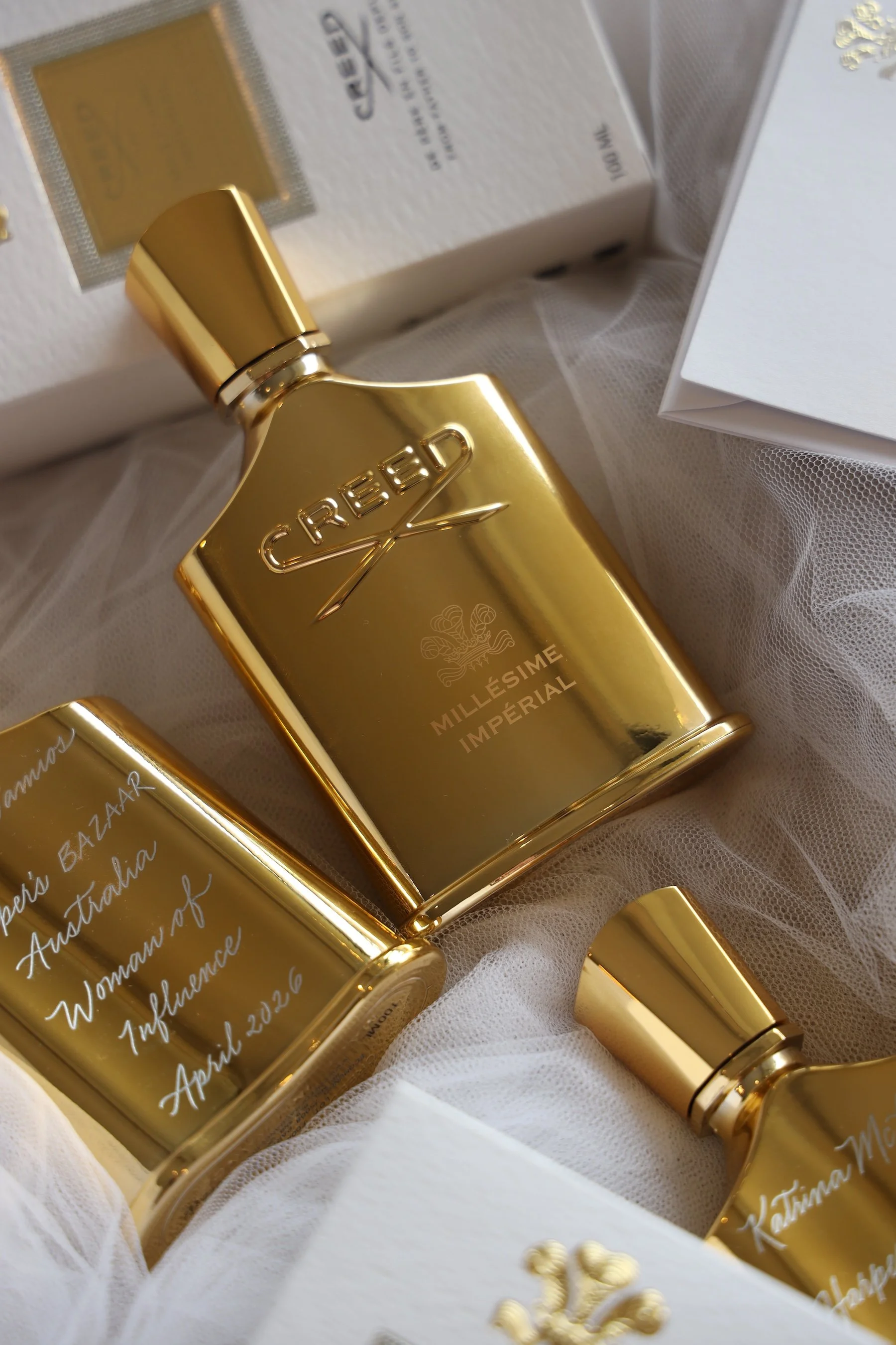 bespoke engraving for Creed perfume for Harpers Bazaar Woman of Influence