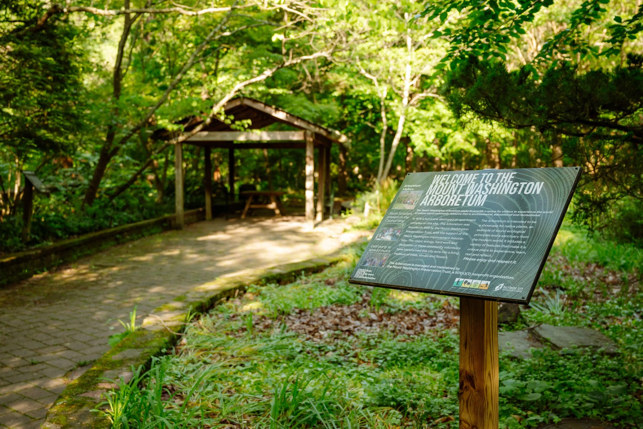 Arboretum path with sign in spring