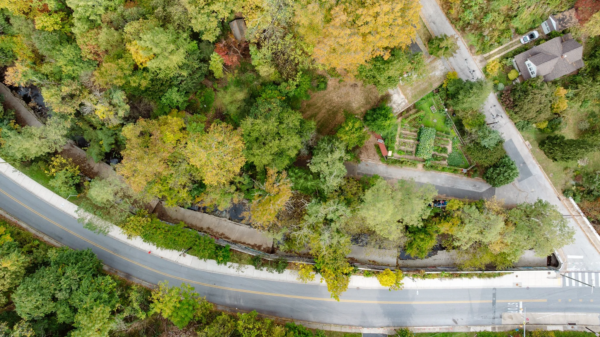 Drone photo of MWPT arboretum and vegetable garden