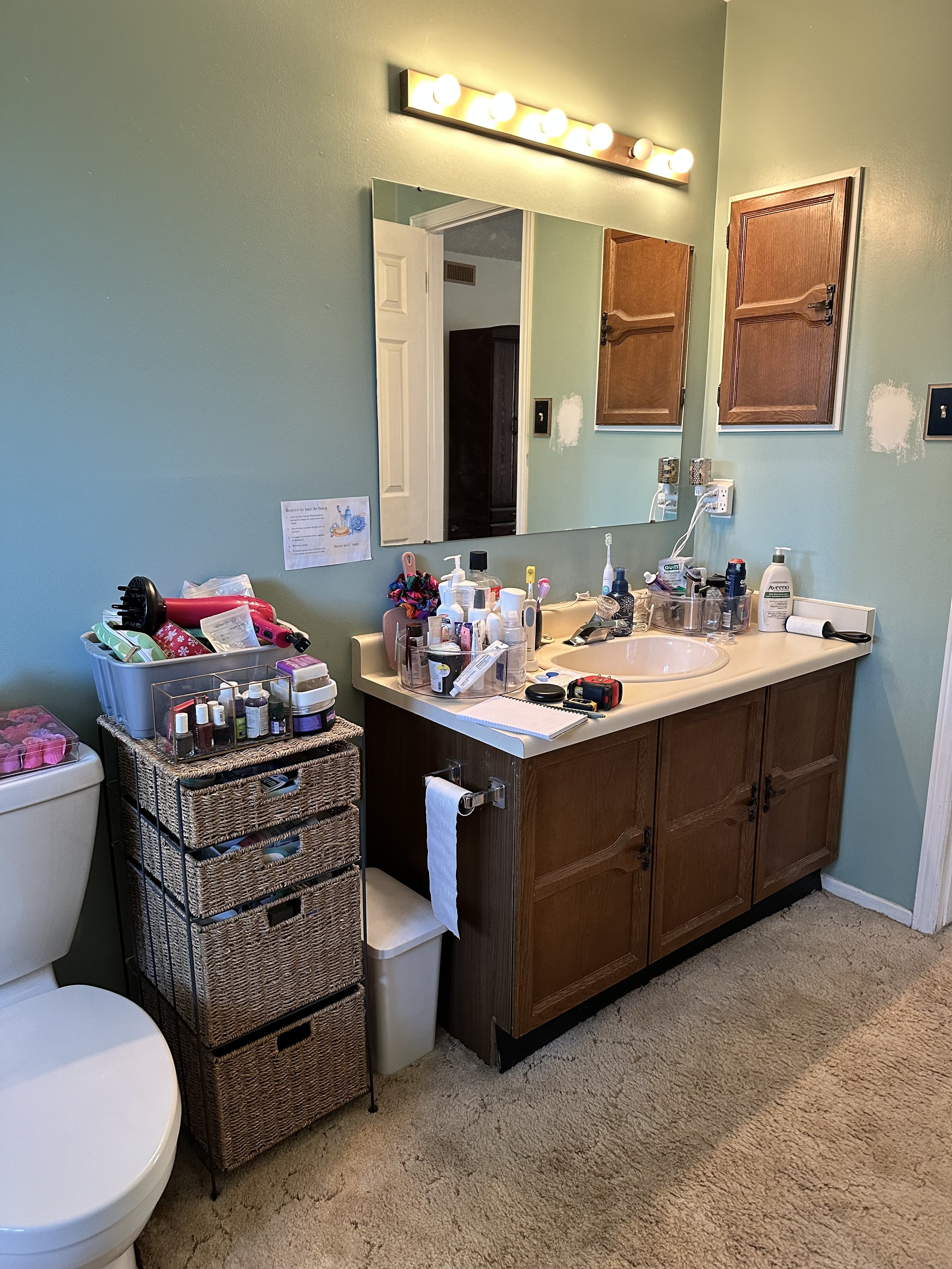 A bathroom vanity with a large mirror, wooden cabinets, and a cluttered countertop holding many toiletries. To the left, there is a white toilet and a three-drawer woven storage unit. The floor is carpeted and the wall is painted light green.