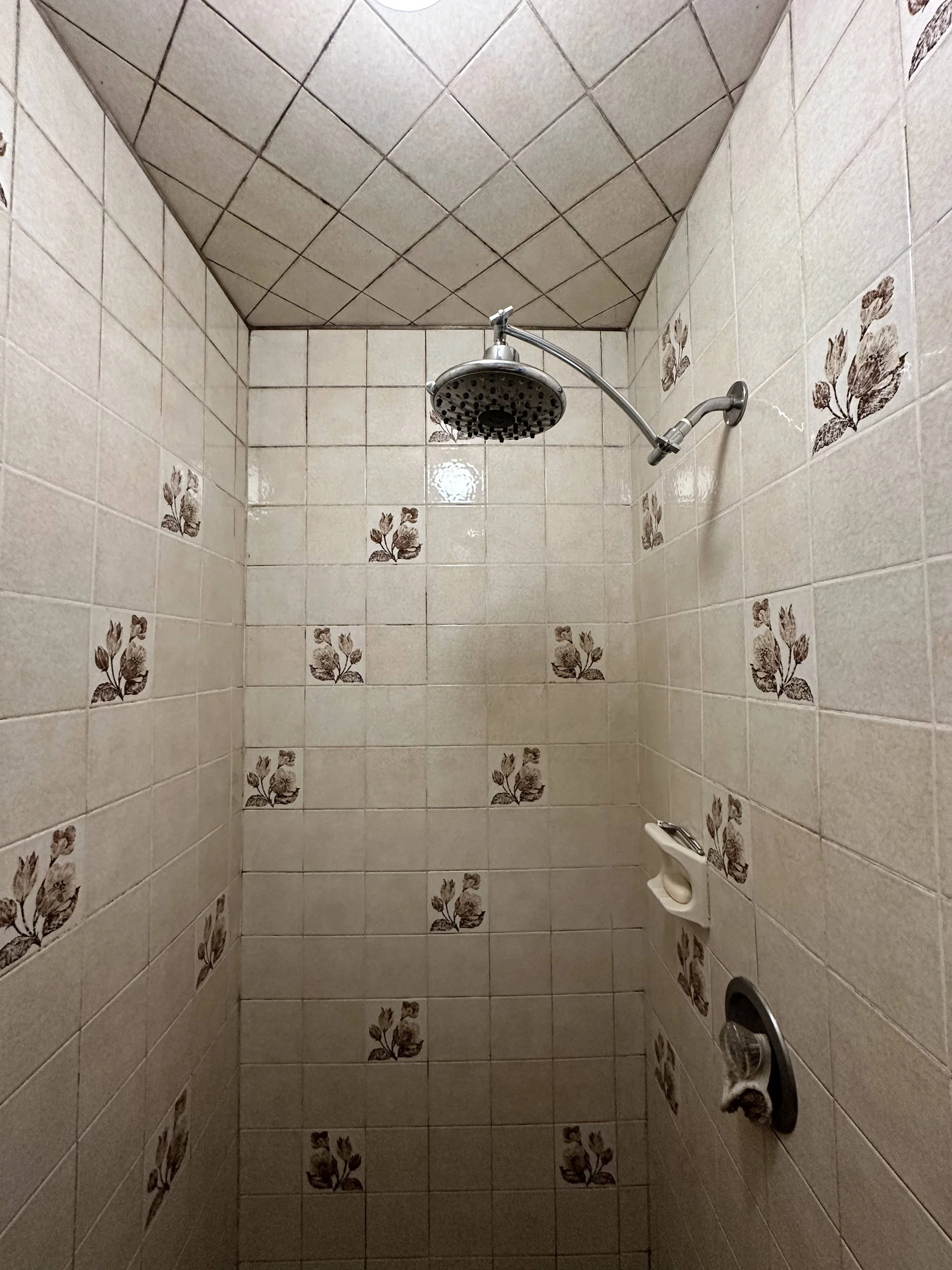 A small shower with beige tiled walls and decorative brown floral tiles. It has a round showerhead, a built-in soap dish, and a single handle for water control.