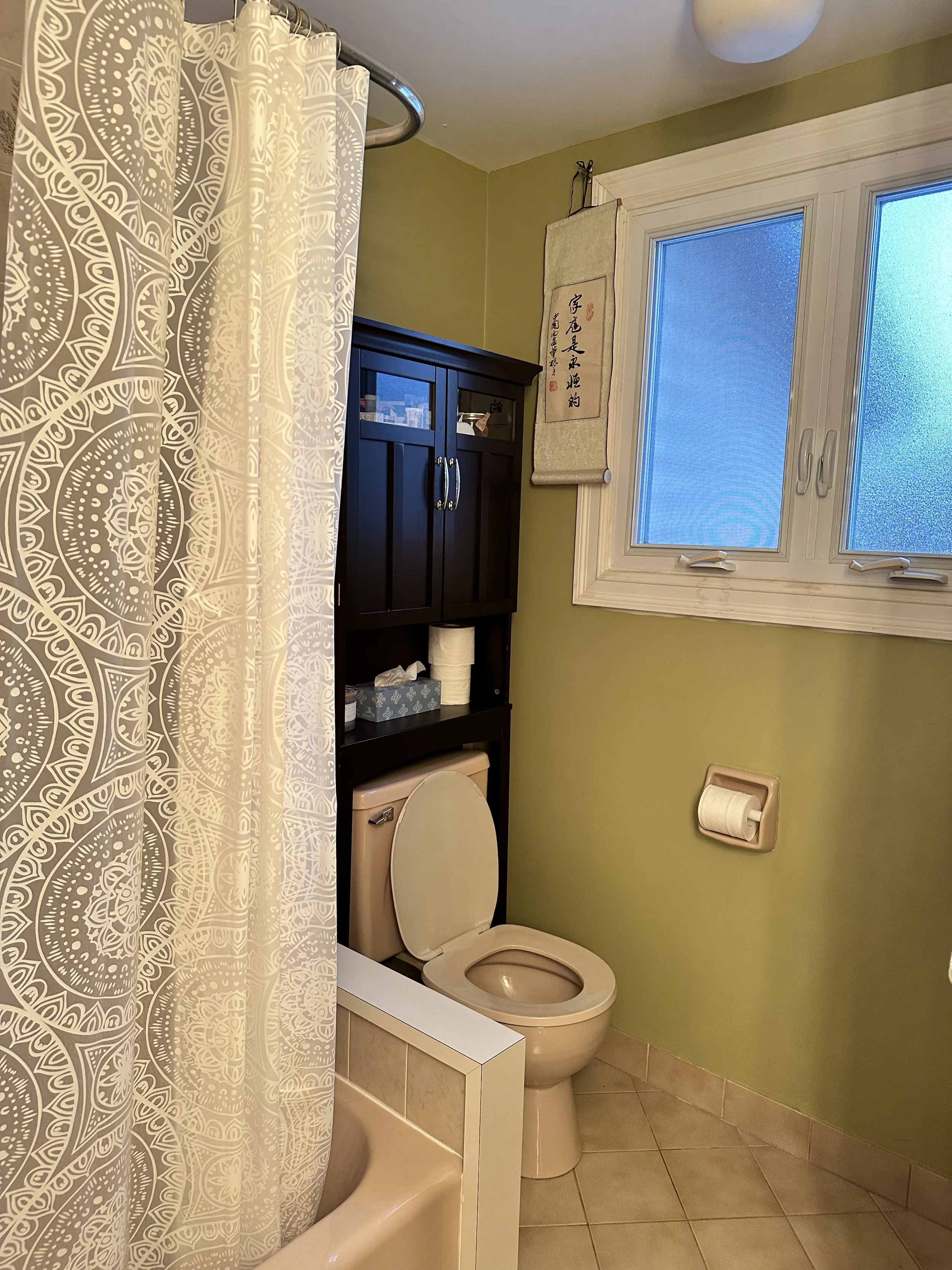 Bathroom with beige toilet, black storage cabinet, shower curtain with white intricate design, green walls, and a window with blue-tinted glass.