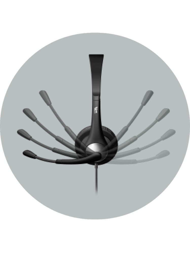 Illustration of the AC-204's ambidextrous boom microphone rotating through multiple positions for left or right side wear