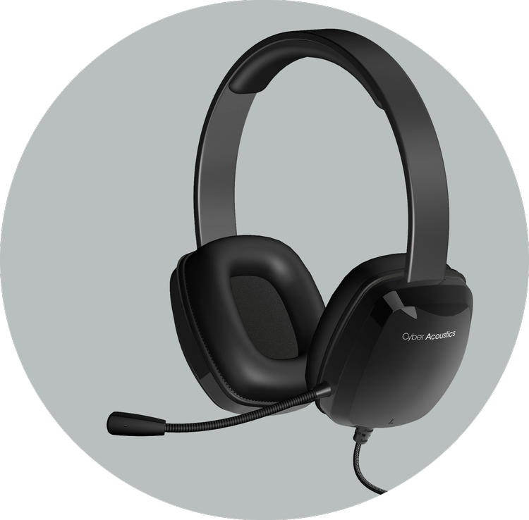 Illustrated rendering of AC-6012 USB-A headset with microphone for school — black over-ear design with flexible boom microphone and leatherette earpads on gray background