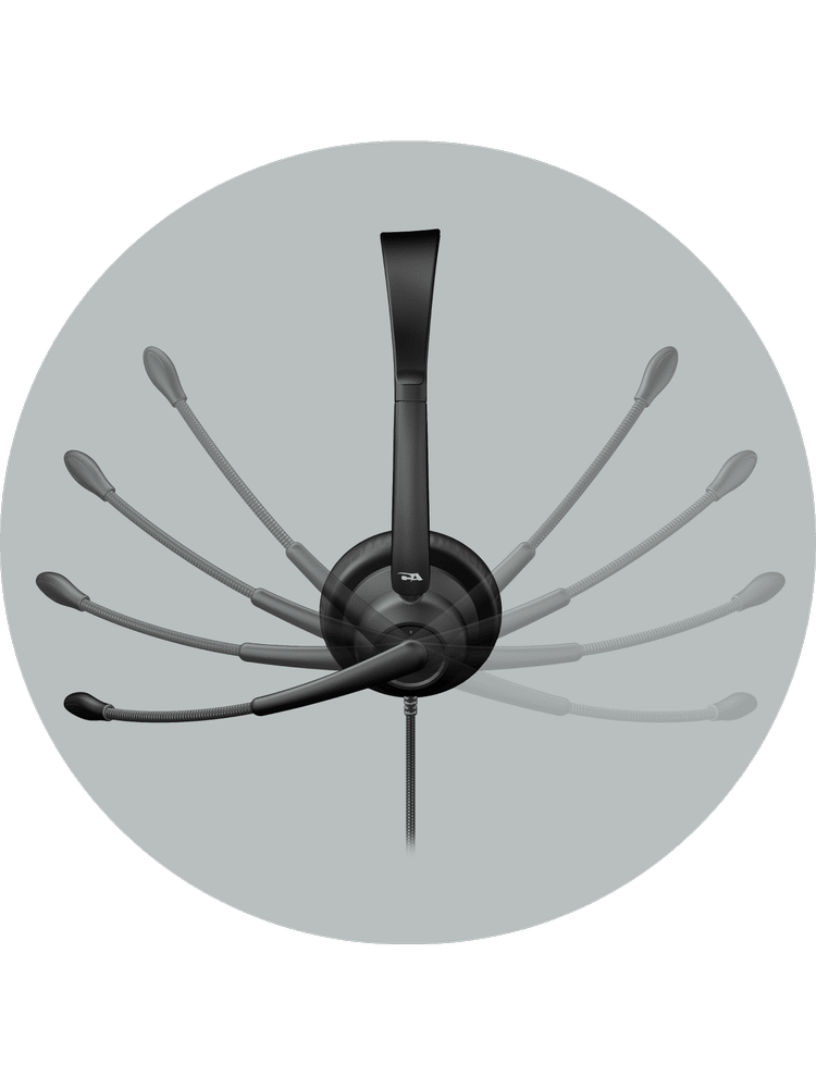 AC-204ENC II headset showing boom microphone rotation range for left or right side use