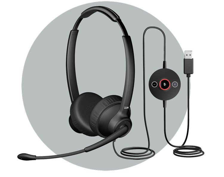 Black over-ear headset with attached remote control, microphone, and USB cable on a light gray background.
