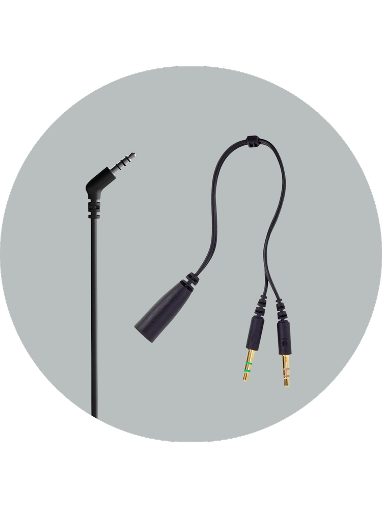 AC-204 3.5mm cable with included Y-adapter splitting into separate headphone and microphone jacks for desktop PC compatibility