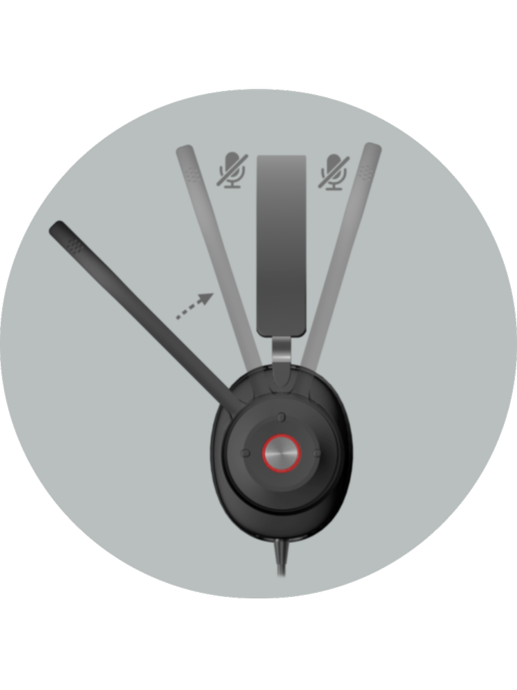 HS-2000 professional comfortable USB-A headset with microphone boom mic arm shown in multiple blurred positions in gray circle — raising the arm automatically mutes the microphone, with mute icons indicating active and muted states