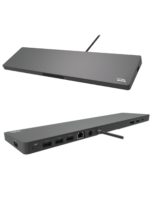 Cyber Acoustics DS-2000 Laptop Docking Station with fan cooling vents, top and rear views