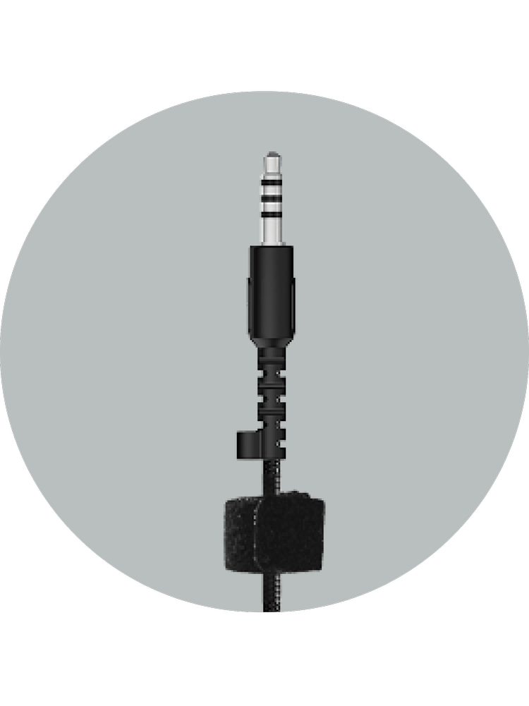 Cyber Acoustics ACM-6004 reinforced 3.5mm plug with steel rod and hook-and-loop cable strap on a gray circular background