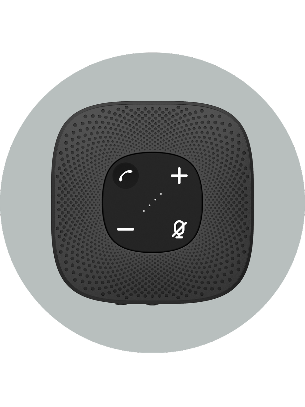 SP-2000 speakerphone top-down view illustrating 360-degree omnidirectional mic coverage and 20-meter Bluetooth range