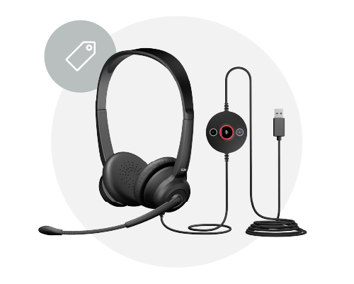 Black professional call center headset with attached microphone, connected to a control unit with a USB cable.