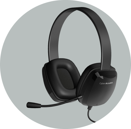 AC-6008 all-black over-ear headset with a flexible boom microphone shown in a gray circle — an adjustable 3.5mm headset for schools sized for students in grades 6-12