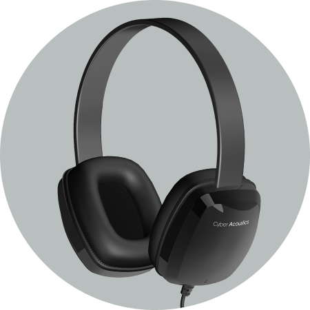 Cyber Acoustics ACM-6004 over-ear headphones with large leatherette earcups on a gray circular background