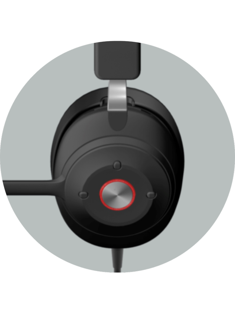 Close-up of HS-2000 professional comfortable USB-A headset with microphone left earcup in gray circle — red-ringed call button in the center flanked by volume up and volume down buttons