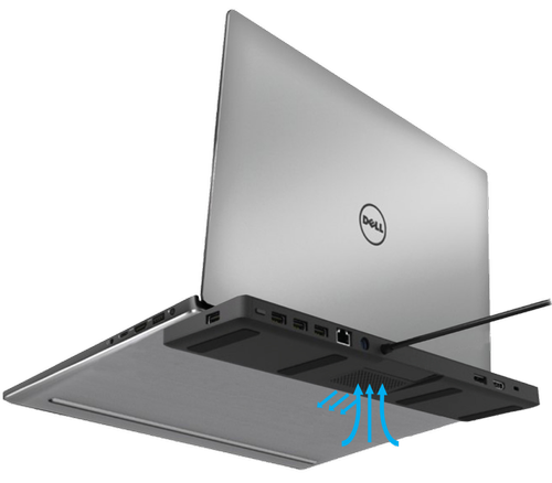 Dell laptop sitting on DS-2000 docking station with blue arrows showing active cooling airflow
