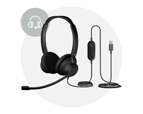 Headset with microphone, connected to a control box with mute and volume buttons, and a USB cable, against a white background.