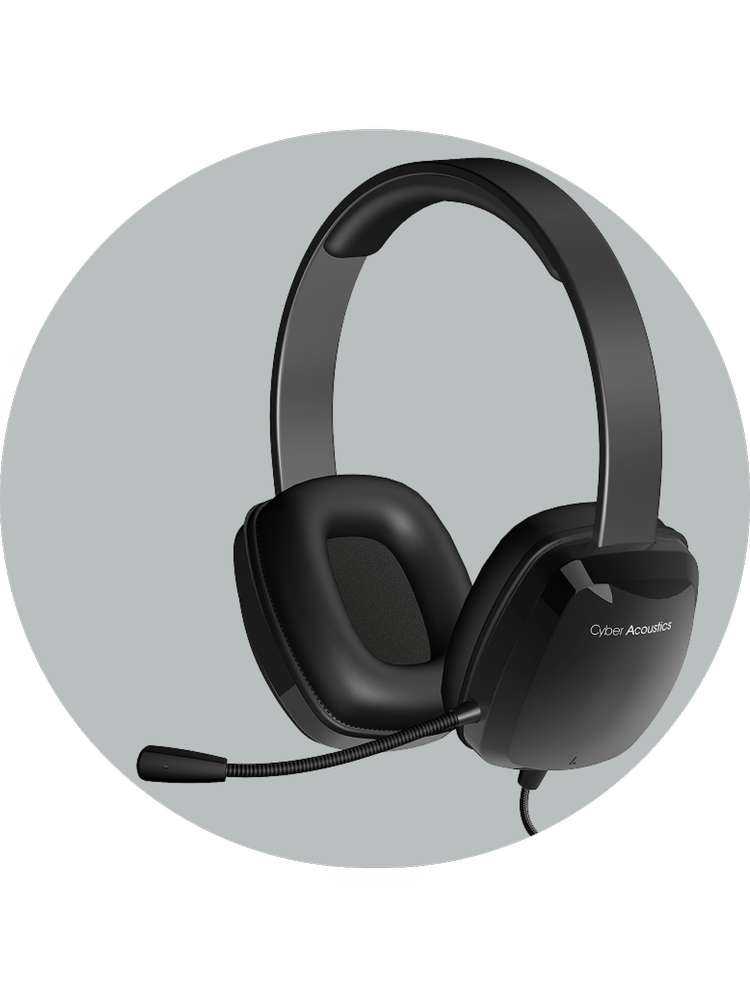 AC-6014 headset for grades 6-12 shown with adjustable headband and large over-ear leatherette earcups sized for older students