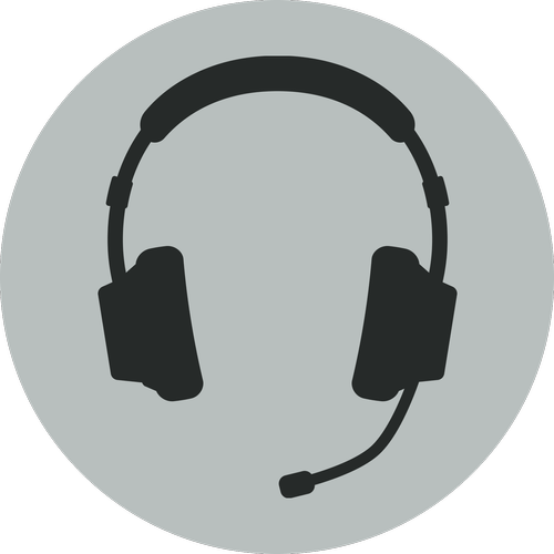 Icon of a black computer headset with a microphone on a gray circular background.