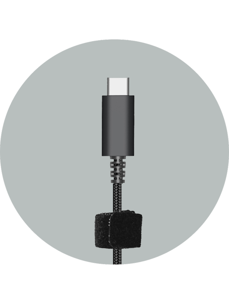 AC-6014 USB-C connector with reinforced strain relief and hook-and-loop cable strap — headset for grades 6-12 built to resist wear at the plug