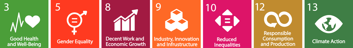 Icons representing the United Nations Sustainable Development Goals, including good health, gender equality, decent work, industry, reduced inequalities, responsible consumption, climate action, and more.