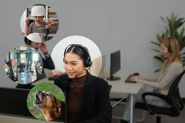 Call center agent on headset illustrating the impact of noise cancellation on Average Handle Time