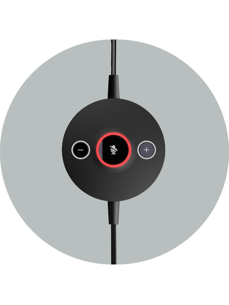 In-line USB controller with mic mute button, red LED indicator, and volume controls