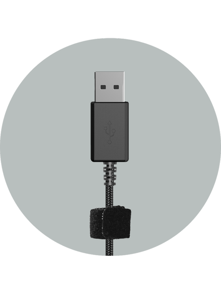 ACM-6005 USB-A plug with reinforced braided cable and hook-and-loop strap — durable connectivity built for daily classroom use by students in grades 6-12
