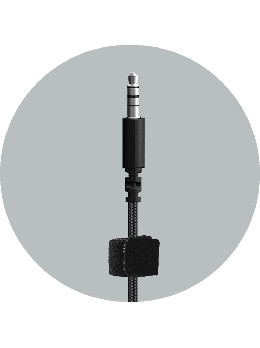 Close-up of the AC-5002 silver three-band 3.5mm plug on a black braided cable with hook-and-loop strap in a gray circle — steel-rod-reinforced connector on a durable 3.5mm headset for students and home